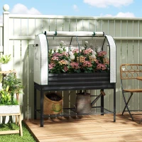 Outsunny Galvanised Raised Garden Bed with Greenhouse Cover, Metal Elevated Garden Bed with Bed Liner, Bottom Shelf, Black(m-10)