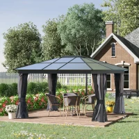 Outsunny 12' x 15' Hardtop Gazebo Canopy with Polycarbonate Roof, Aluminum Frame, Netting, Curtains and Ceiling Hook, Dark Grey(m-8)