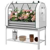 Outsunny Galvanised Raised Garden Bed with Greenhouse Cover, Metal Elevated Garden Bed with Bed Liner, Bottom Shelf, Silver(m-1)