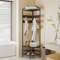 HOMCOM Corner Hall Tree, Industrial 4-Tier Coat Rack with Shoe Storage, 8 Movable Hooks and 2 Shelves for Hallway, Rustic Brown(m-9)