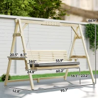 Outsunny 3 Seat Wooden Porch Swing with Stand, Patio Swing with Cushion, for Garden, Poolside, Backyard, Natural Wood(m-3)