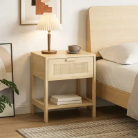 HOMCOM Narrow Nightstand with Rattan Elements, Bedside Table with Drawer and Storage Shelf for Bedroom, Set of 2, Natural Wood(m-10)