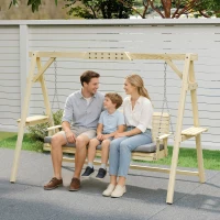 Outsunny 3 Seat Wooden Porch Swing with Stand, Patio Swing with Cushion, for Garden, Poolside, Backyard, Natural Wood(m-9)