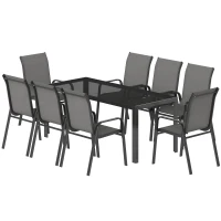 Outsunny 9 Pieces Patio Set with Stackable Chairs, Patio Dining Set with Glass Top for Garden, Patio, Backyard, Grey(m-2)
