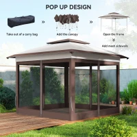 Outsunny 12' x 12' Pop Up Canopy Sun Shade Instant Tent Folding with Mesh Sidewalls, Beige and Dark Brown(m-4)