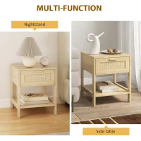 HOMCOM Narrow Nightstand with Rattan Elements, Bedside Table with Drawer and Storage Shelf for Bedroom, Set of 2, Natural Wood(m-7)