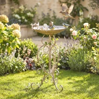 Outsunny 30" Tall Bird Bath with Bird Statues and Decorative Stand, Freestanding Vintage Garden BirdBath Bowl Pedestal, Brown(m-8)