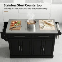 HOMCOM Rolling Kitchen Island with Storage and Stainless Steel Top, Kitchen Trolley with Drawers, Cabinets, Towel Rack(m-9)