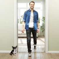 PawHut 26"-37" Dog Gate, Adjustable Pet Gate, Fits 10" Tall with 2 Extension, Pressure Mount Kit for Stairs and Doorways, White(m-11)