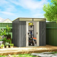 Outsunny 6.5x4FT Galvanised Metal Shed with Foundation Kit, Lockable Garden Tool Storage House with Sliding Doors, Vents, Grey(m-8)