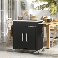 Outsunny Outdoor Grill Cart with Stainless Steel Top, Pizza Oven Table with Wheels Hooks Cabinet Handles,  Black(m-1)