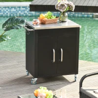 Outsunny Outdoor Grill Cart with Stainless Steel Top, Pizza Oven Table with Wheels Hooks Cabinet Handles,  Black(m-9)