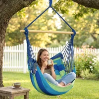 Outsunny Hammock Chair Swing Hanging Macrame Chair w/ Two Soft Seat Cushions, Blue and Green(m-10)
