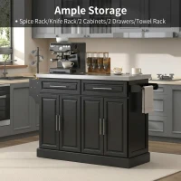 HOMCOM Rolling Kitchen Island with Storage and Stainless Steel Top, Kitchen Trolley with Drawers, Cabinets, Towel Rack(m-8)