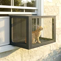 PawHut Catio Outdoor Cat Enclosure Adjustable Cat House Waterproof Top for Window 24" x18.5" x16.1" Black & White(m-10)