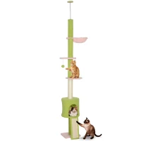 PawHut 87"-94.5" Floor to Ceiling Cat Tree with Sisal Scratching Post, Condo, Hammock, Ramp, Perches, Green(m-11)