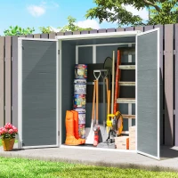 Outsunny Outdoor 4.4' x 2.3' Plastic Storage Shed with Lockable Doors and Foldable Shelves, Wood-Effect Garden Shed, Grey(m-8)