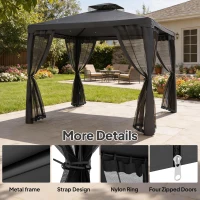 Outsunny 9.6' x 9.6' Patio Gazebo Outdoor Pavilion 2 Tire Roof Canopy Shelter Garden, Steel Frame w/ Mosquito Netting, Dark Grey(m-6)