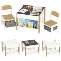 Qaba 3pc Kids Table and Chair Set with Reversible Tabletop Blackboard, Storage & Bookshelves, Natural(m-11)