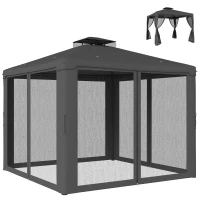 Outsunny 9.6' x 9.6' Patio Gazebo Outdoor Pavilion 2 Tire Roof Canopy Shelter Garden, Steel Frame w/ Mosquito Netting, Dark Grey(m-2)