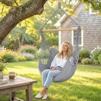 Outsunny Hammock Chair Swing Hanging Macrame Chair w/ Two Soft Seat Cushions, Grey(m-8)