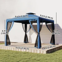 Outsunny 9.6' x 9.6' Patio Gazebo Outdoor Pavilion 2 Tire Roof Canopy Shelter Garden, Steel Frame w/ Mosquito Netting, Dark Blue(m-3)