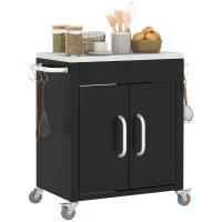 Outsunny Outdoor Grill Cart with Stainless Steel Top, Pizza Oven Table with Wheels Hooks Cabinet Handles,  Black(m-11)