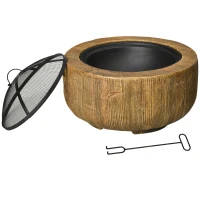 Outsunny Outdoor Fire Pit, 24 Inch Metal Wood Burning Fireplace with Spark Cover, Poker, Woodgrain Design, Light Brown(m-2)