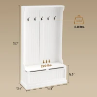 HOMCOM 3-In-1 Entryway Bench with Coat Rack, Hall Tree with Bench and Shoe Storage, 5 Hooks for Hallway Cream White(m-3)