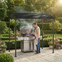 Outsunny 7' x 5' Garden Grill Canopy, BBQ Grill Gazebo Tent with Steel Frame and Hooks, Outdoor Sun Shade, Black(m-1)