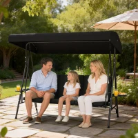 Outsunny 3-Seat Outdoor Porch Swing Patio Swing with Adjustable Canopy, Side Tray, Removable Cushion for Garden, Poolside, Black(m-8)