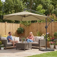 Outsunny 9.7 ft Offset Patio Umbrella with Water/Sand Fillable Weights, Garden Hanging Parasol with Locking Latch, Khaki(m-10)