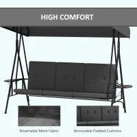 Outsunny 3-Seat Outdoor Porch Swing Patio Swing with Adjustable Canopy, Side Tray, Removable Cushion for Garden, Poolside, Grey(m-6)