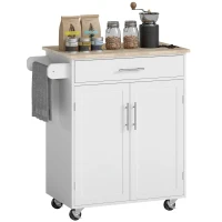 HOMCOM Kitchen Island Cart, Rolling Island Table with Solid Wood Top, Trolley Cart with Drawer, Storage Cabinet & Towel Rack, White(m-1)
