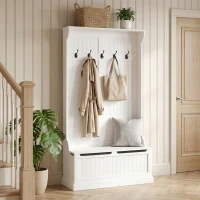 HOMCOM 3-In-1 Entryway Bench with Coat Rack, Hall Tree with Bench and Shoe Storage, 5 Hooks for Hallway Cream White(m-10)