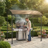 Outsunny 7' x 5' Garden Grill Canopy, BBQ Grill Gazebo Tent with Steel Frame and Hooks, Outdoor Sun Shade, Dark Coffee(m-1)
