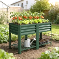 Outsunny Raised Garden Bed Galvanized Steel, Elevated Planter Box with Storage Shelf, Bed Liner, 31.5" High, Green(m-10)