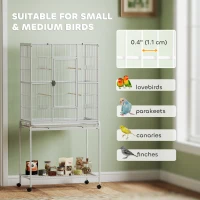 PawHut 64" Large Rolling Bird Cage Bird House with Detachable Rolling Stand, Storage Shelf, Wood Perch Food Container, White(m-7)