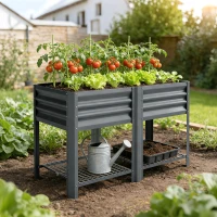 Outsunny Raised Garden Bed Galvanized Steel, Elevated Planter Box with Storage Shelf, Bed Liner, 31.5" High, Dark Gray(m-10)