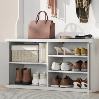 HOMCOM 4-In-1 Hall Tree with Shoe Bench, Modern Coat Rack with Open Shelf for Hallway, Entryway, Bedroom, Living Room, White(m-9)