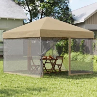 Outsunny 10' x 10' Pop-Up Party Tent UPF50+ Outdoor Canopy Tent with Mesh Sidewalls, 3-Level Adjustable Height, Roller Bag, Khaki(m-10)