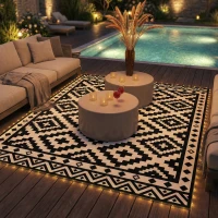 Outsunny Outdoor Rug Carpet Reversible Plastic Straw Rug with LED Lights Black and White 12' x 9' for Patio(m-9)