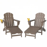 Outsunny Folding Adirondack Chair Set of 2, HDPE Fire Pit Chair with Retractable Ottoman and Cup Holder, Brown(m-1)