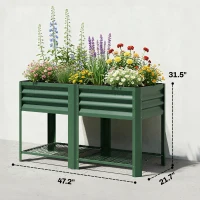 Outsunny Raised Garden Bed Galvanized Steel, Elevated Planter Box with Storage Shelf, Bed Liner, 31.5" High, Green(m-3)