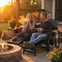 Outsunny Folding Adirondack Chair Set of 2, HDPE Fire Pit Chair with Retractable Ottoman and Cup Holder, Black(m-2)