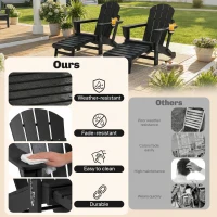 Outsunny Folding Adirondack Chair Set of 2, HDPE Fire Pit Chair with Retractable Ottoman and Cup Holder, Black(m-4)