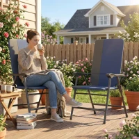 Outsunny Folding Patio Chairs Set of 2, Padded High Back Lawn Camping Chairs with Armrests, 600D Oxford Fabric, Dark Blue(m-10)