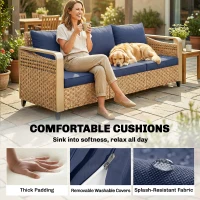 Outsunny Rattan Wicker Sofa 3-Seater Outdoor Patio Sofa with Cushions for Garden Backyard Porch Dark Blue(m-7)