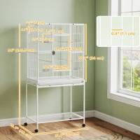 PawHut 64" Large Rolling Bird Cage Bird House with Detachable Rolling Stand, Storage Shelf, Wood Perch Food Container, White(m-3)