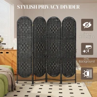 HOMCOM Bohemian Privacy Screen, Folding Room Divider with 4 Panels and Arched Top for Bedroom Living Room Office, Black(m-4)